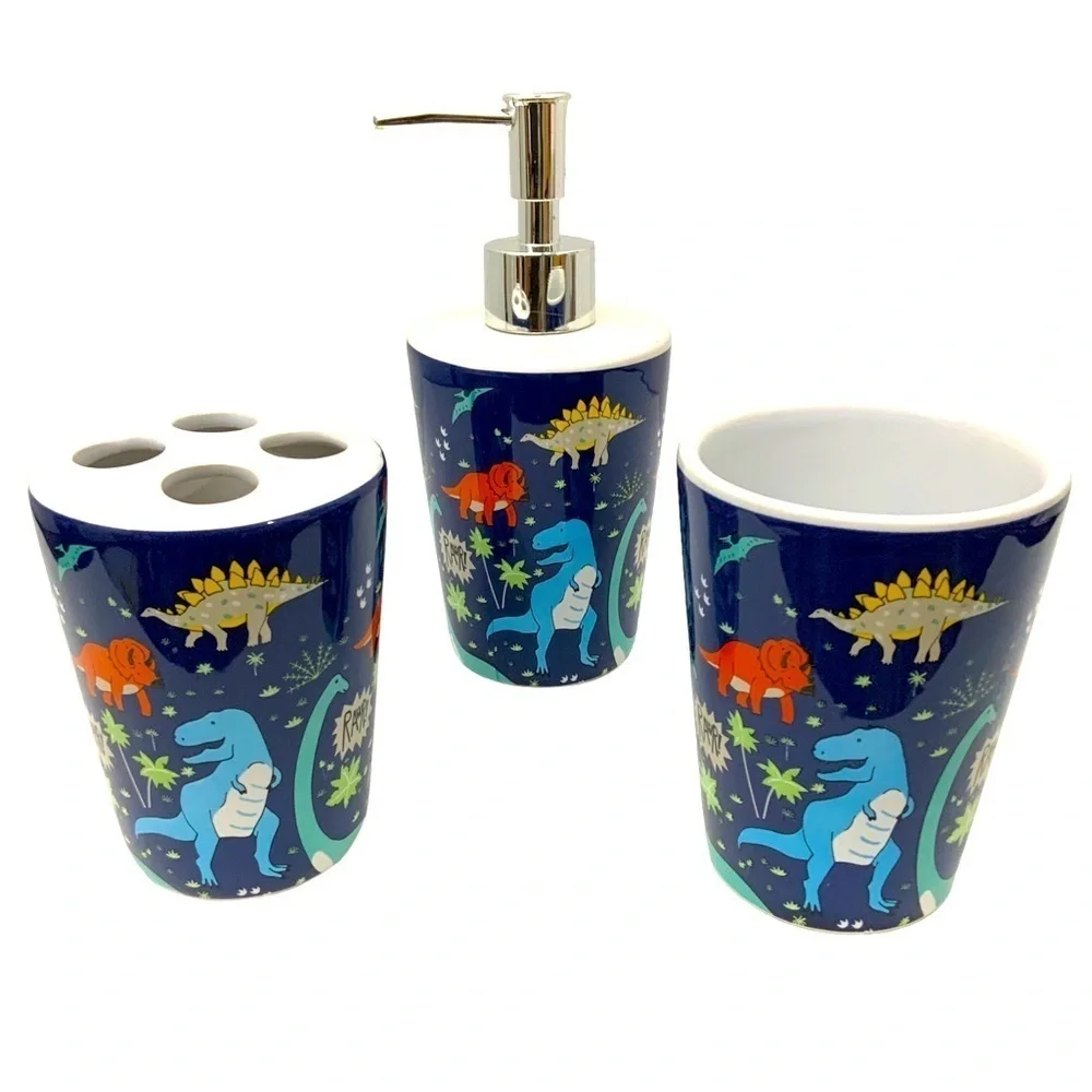 Matt & Maddie Dinosaur Bath Accessories Kids Colorful Ceramics Blue 3 Piece Set
